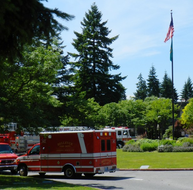 Bellevue Fire's Aid 2 and Ladder 3 in front of Bellevue College.