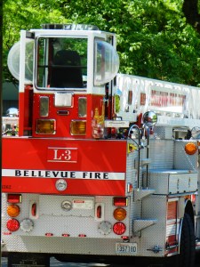 Bellevue (WA) Fire Ladder 3 at a small structure fire. [Photo Credit: LR Swenson]
