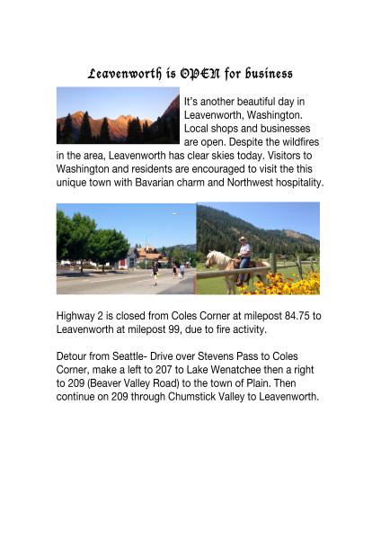 Directions into and out of beautiful Leavenworth, Washington [Announcement via inciweb]